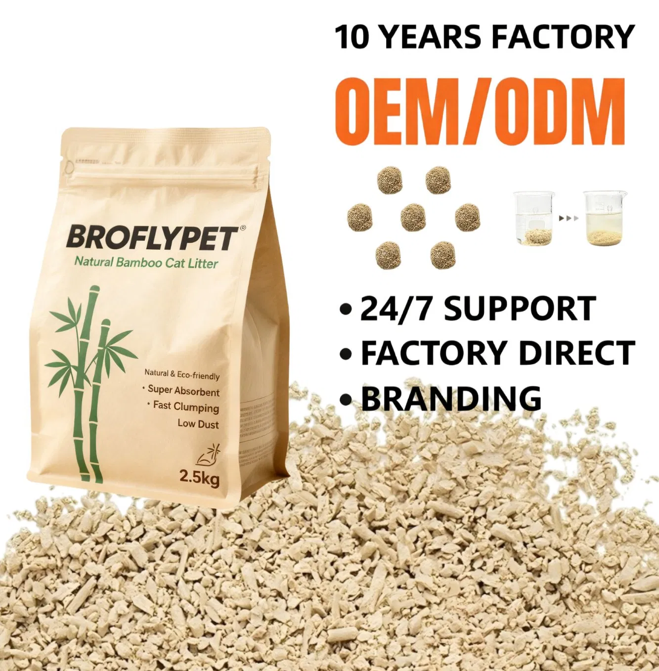 Areia para Gato à Base de Bambu Triturado Sem Adição de Aromas Areia Natural Personalizada para Gato Baixo Deslizamento Boa Controle de Odor Agregação Rápida Flushable Areia para Gato