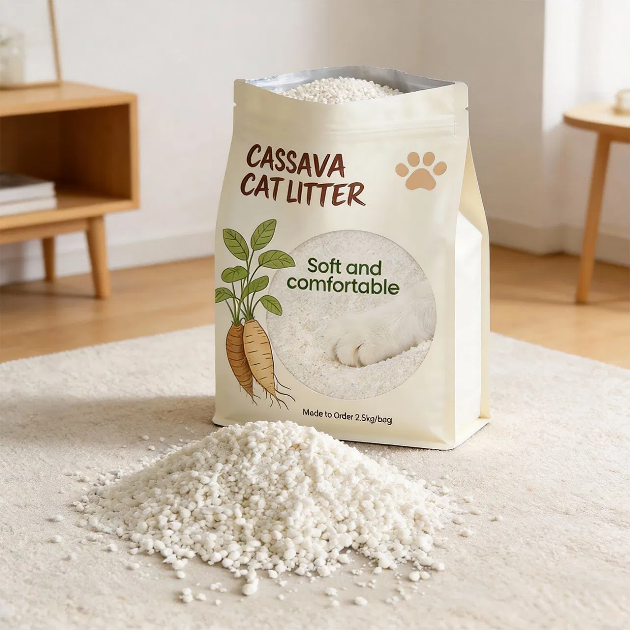 Areia para Gato à Base de Plantas Atacado de Fábrica da China 0.5-3mm Controle de Odor Premium Agregação Rápida Areia para Gato de Cassava