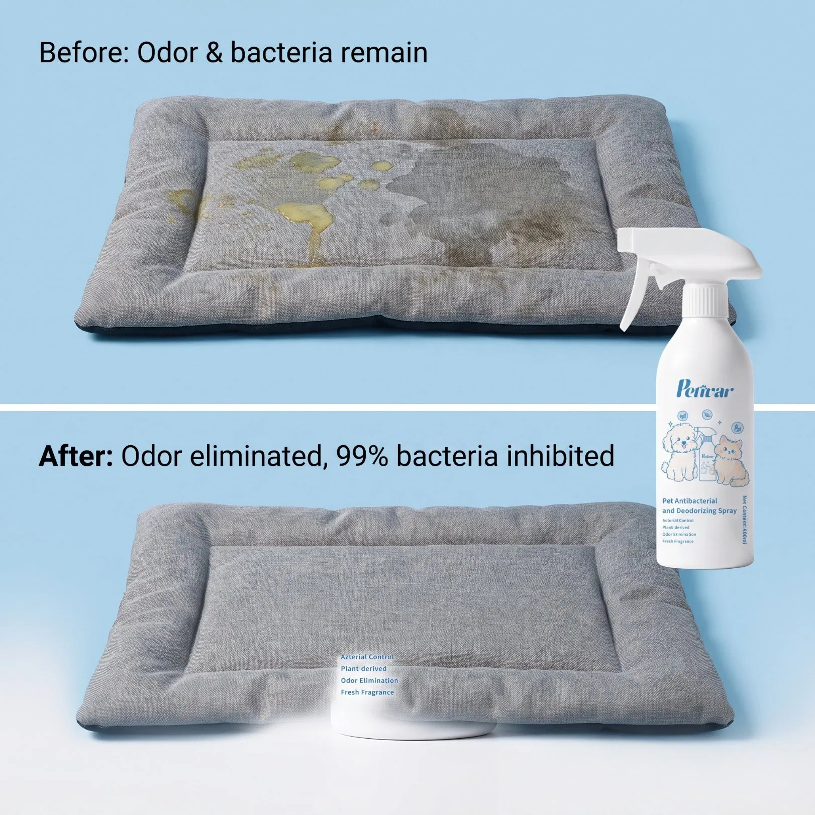 Spray Antibacteriano Desodorizante para Animais de Estimação Eliminador de Odor Molecular Fórmula Enzimática Fornecimento de Fábrica Personalizado OEM ODM