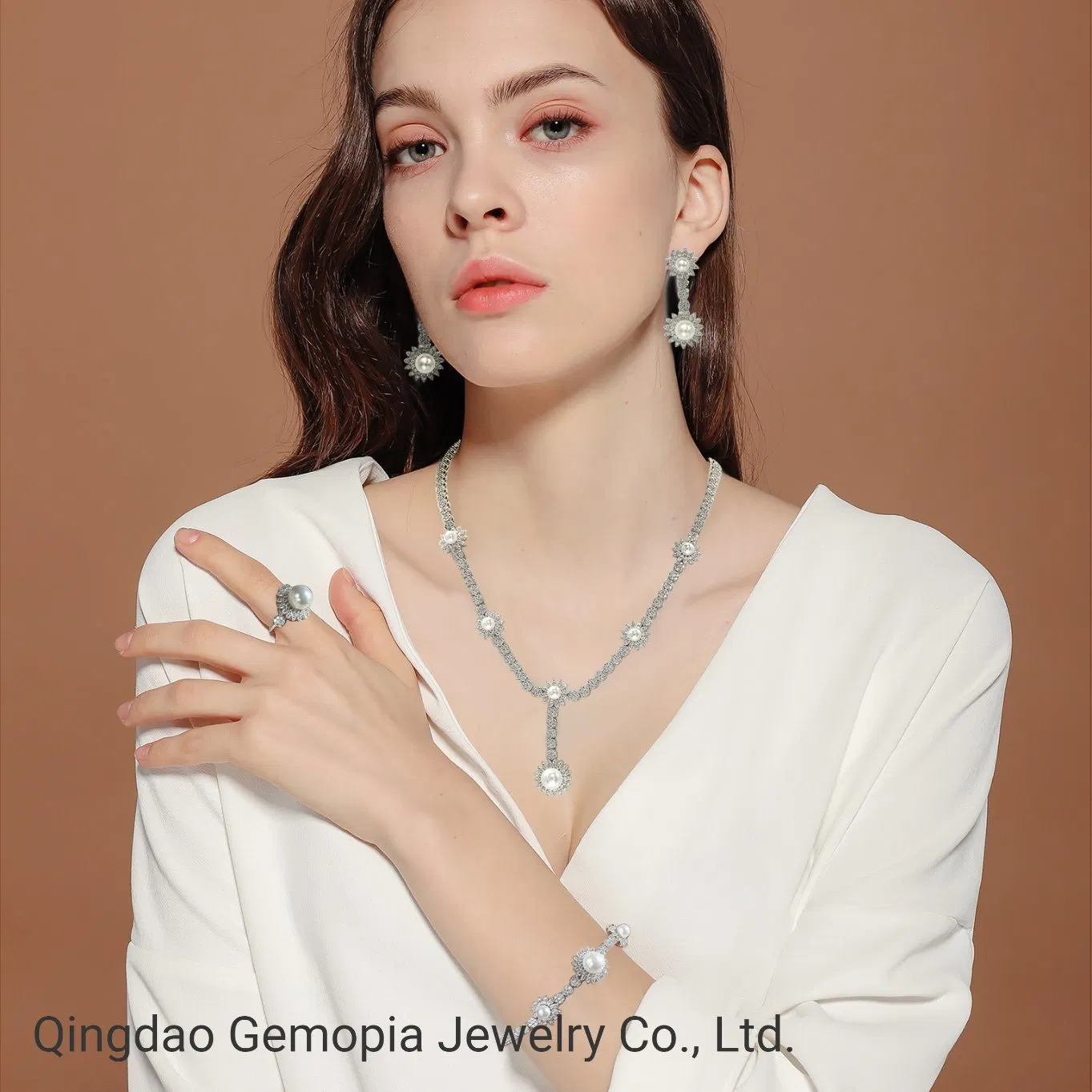 Nova Chegada 925 Conjunto Completo de Joias de Moda Prata com Pérola e Zircônia para Senhora