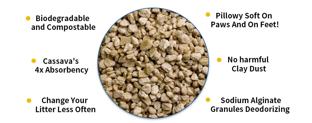 Areia para gatos biodegradável à base de mandioca, de alta qualidade, livre de poeira e fácil de limpar, areia para gatos ecológica de milho e mandioca