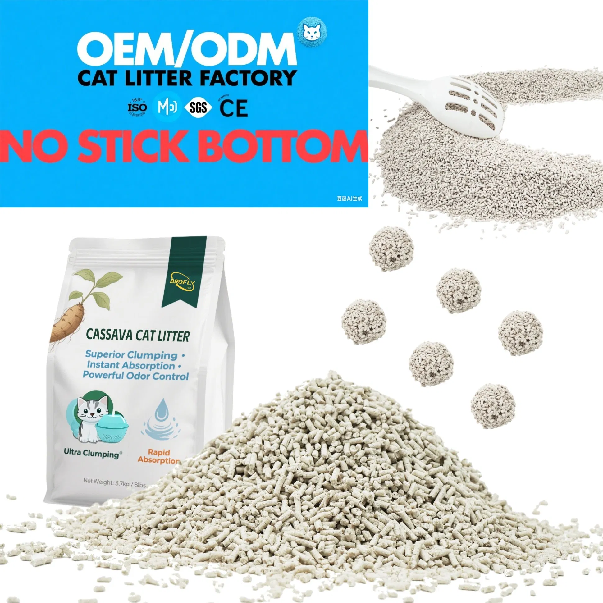 Areia para Gato Natural à Base de Cassava e Bambu com Melhor Controle de Odor, Baixo Consumo, Baixo Desperdício e Agregação Rápida