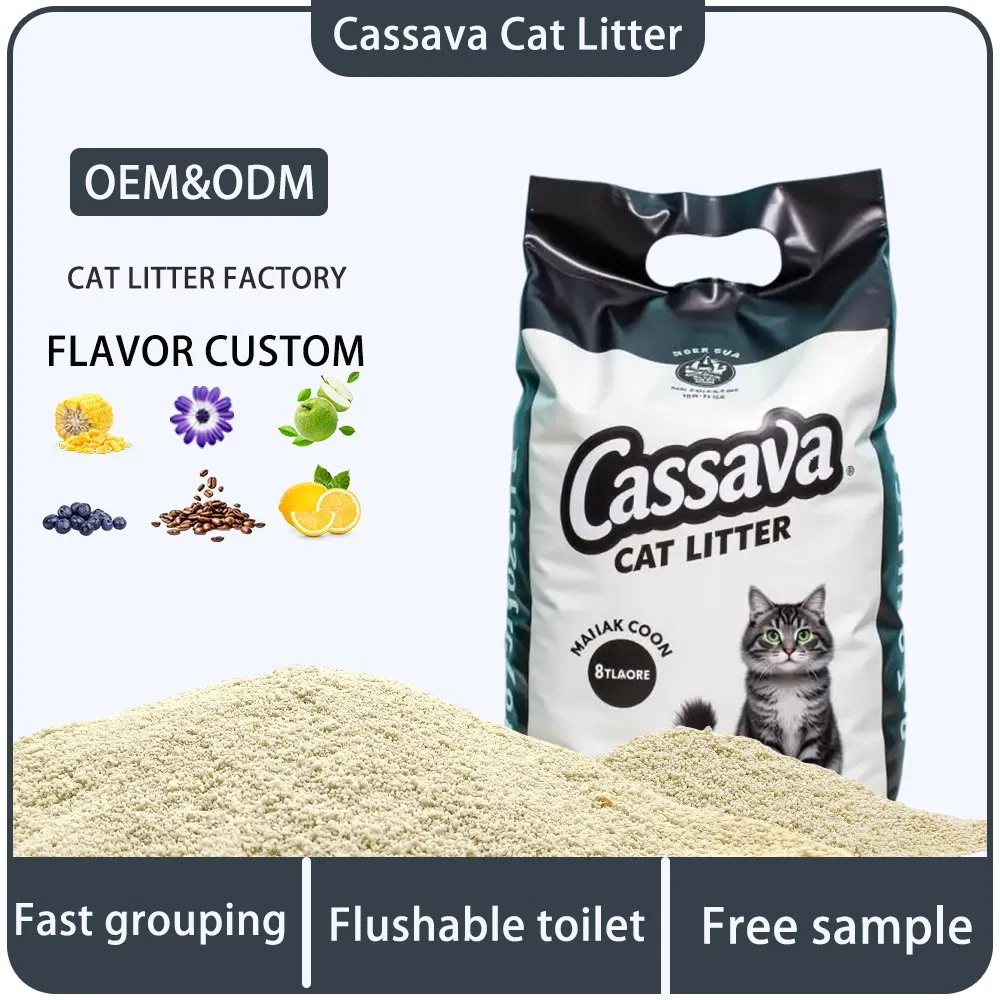 Areia para Gato OEM Natural Sem Fragrância 100% Baseada em Plantas Areia para Gato de Forte Agregação Ecológica Altamente Absorvente Controle de Odor Biodegradável Areia de Mandioca para Gato