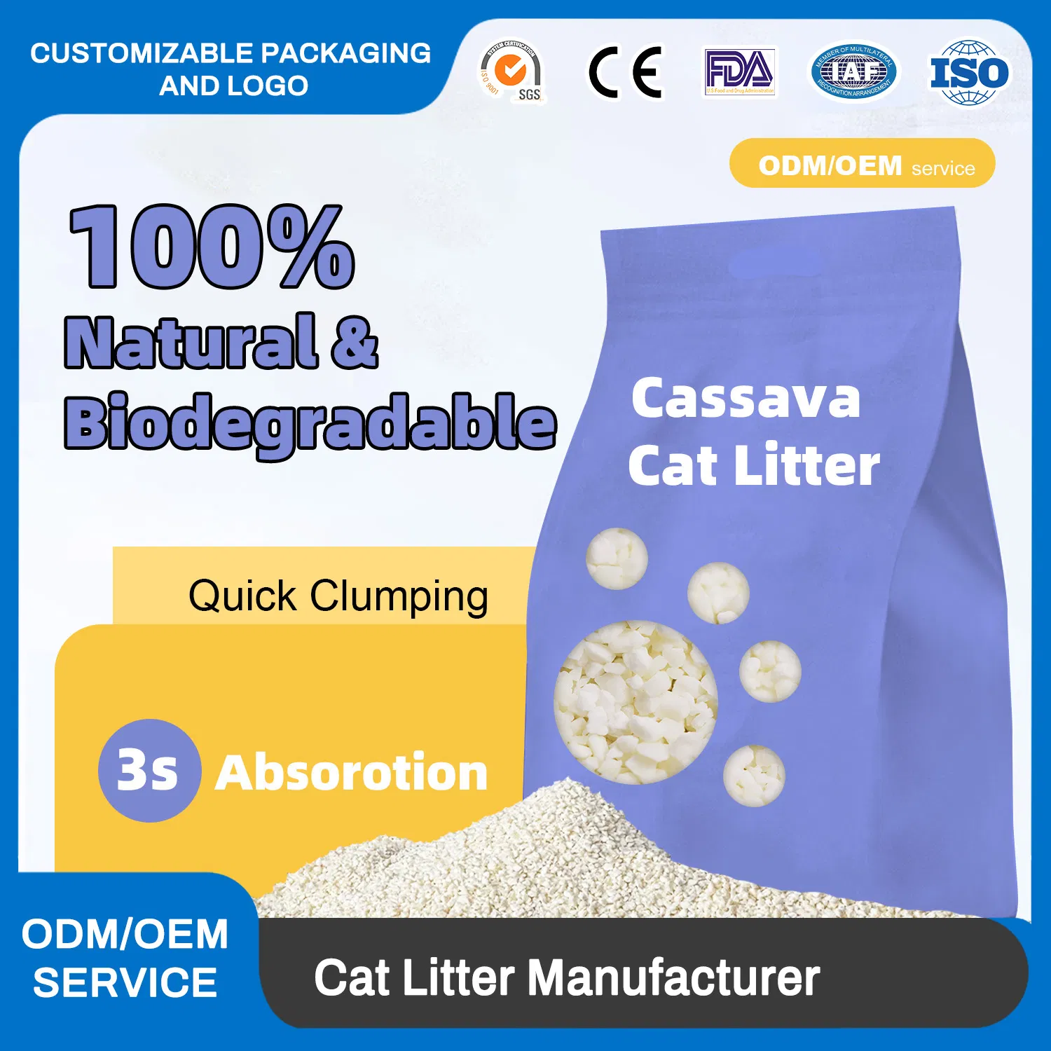 Suprimentos para Animais de Estimação Areia para Gato de Melhor Venda Feita de Mandioca Areia para Gato Amigável e Saudável Feita de Plantas Naturais Areia para Gato Descartável