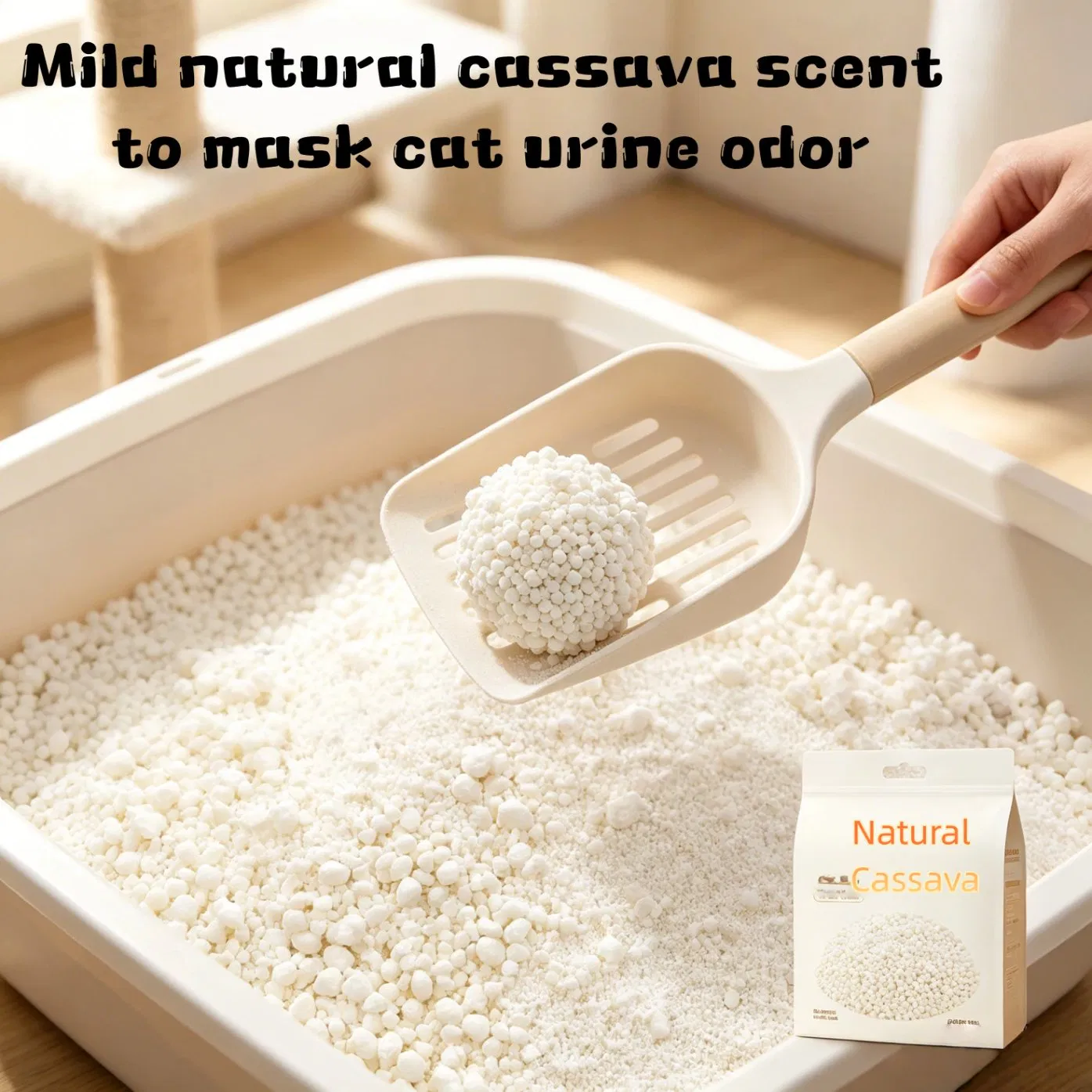 Areia para Gato à Base de Plantas OEM 0.5-3mm Leve Sem Fragrância Livre de Poeira de Cassava com Controle de Odor