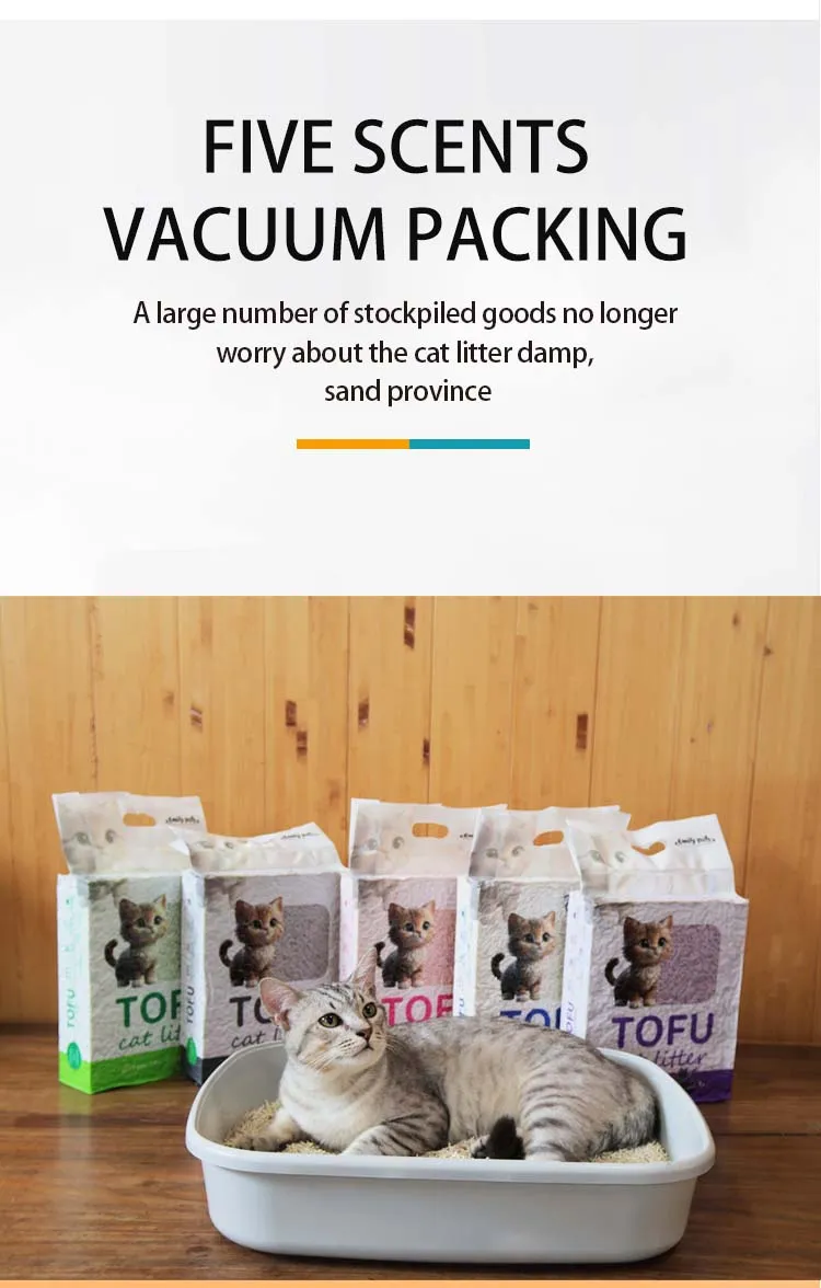 Areia para gatos de tofu à base de milho biodegradável, tratamento de resíduos limpo, popular entre atacadistas de animais de estimação no exterior