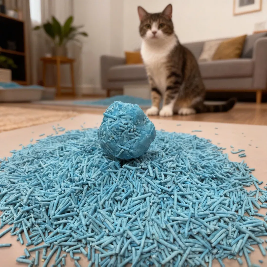 Areia para gatos saborizada à base de plantas feita de fibra de ervilha e amido de milho