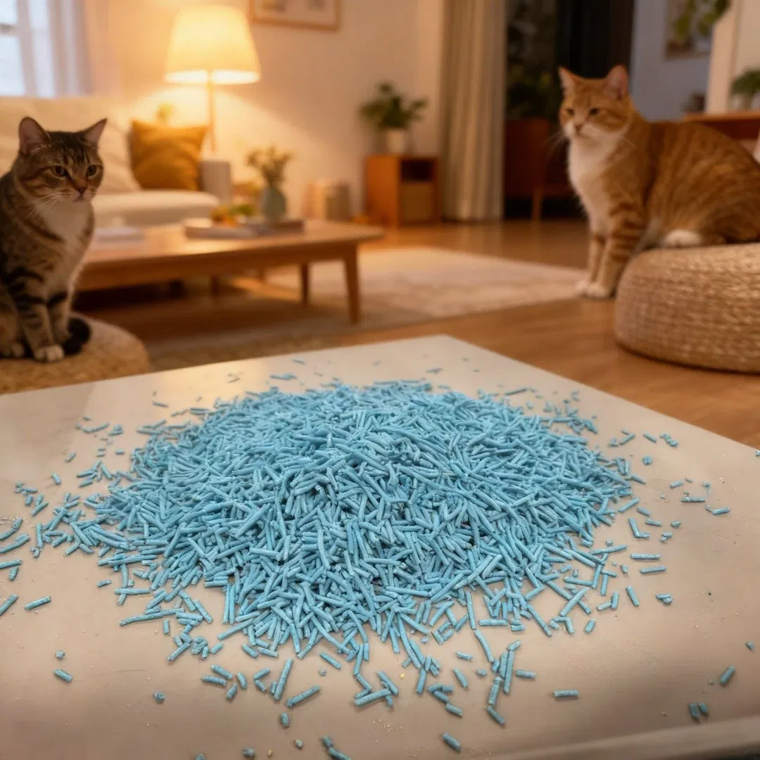 Areia para gatos saborizada à base de plantas feita de fibra de ervilha e amido de milho