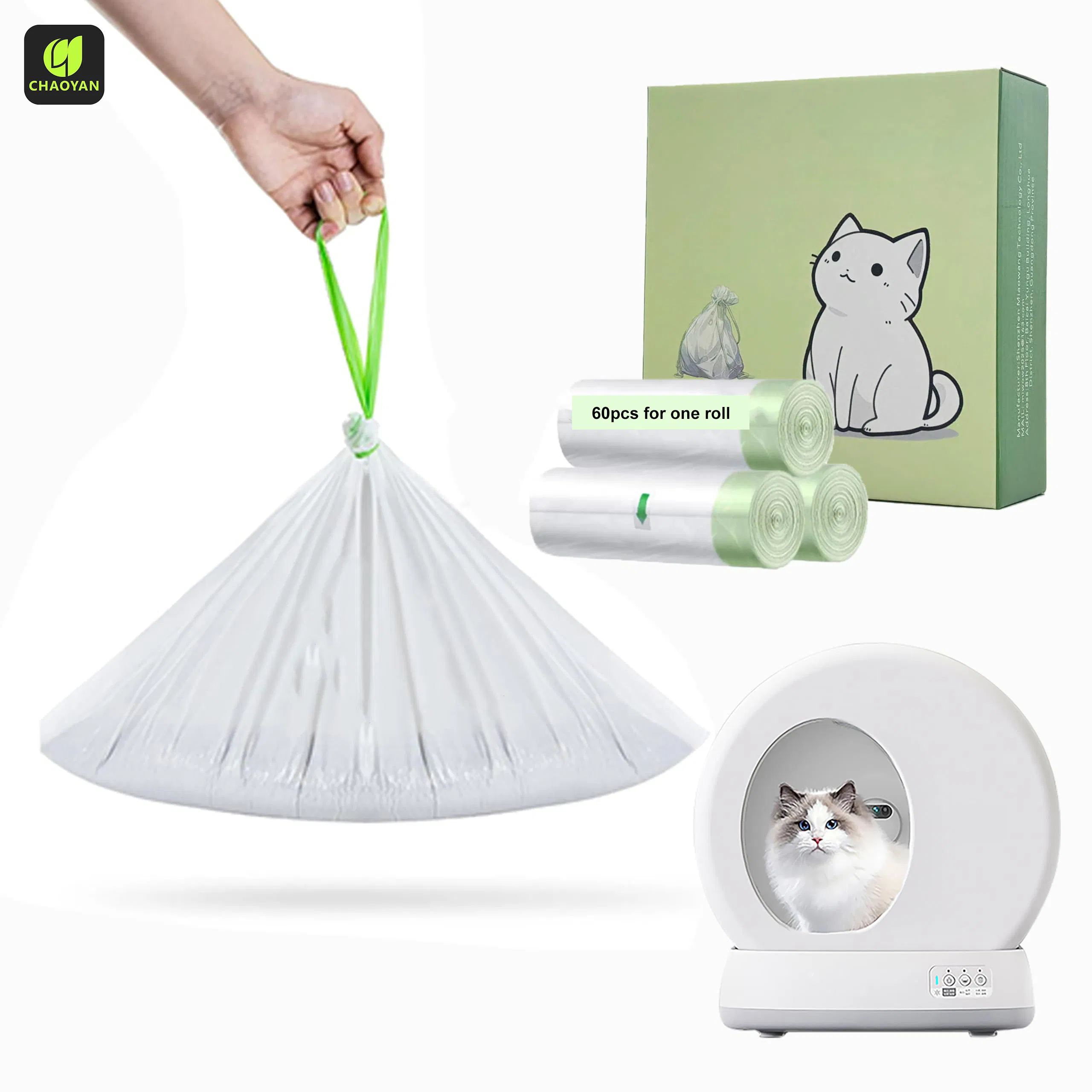 Tamanho Personalizado de Fábrica 60 PCS Um Rolo de Forros para Caixa de Areia de Gato para Resíduos de Animais Pesadas Sacos à Prova de Odor Caixa de Areia Automática Impressão de Aroma Marca OEM ODM