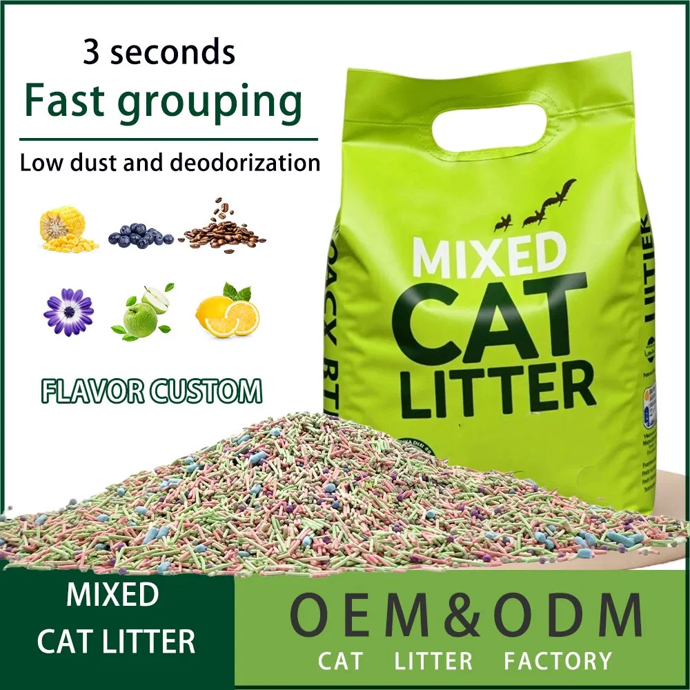OEM/ODM Areia para Gato Ecológica Pequena Agregadora Alta Taxa de Absorção de Água Mistura de Areia para Gato de Tofu e Mandioca com Sabor de Mirtilo