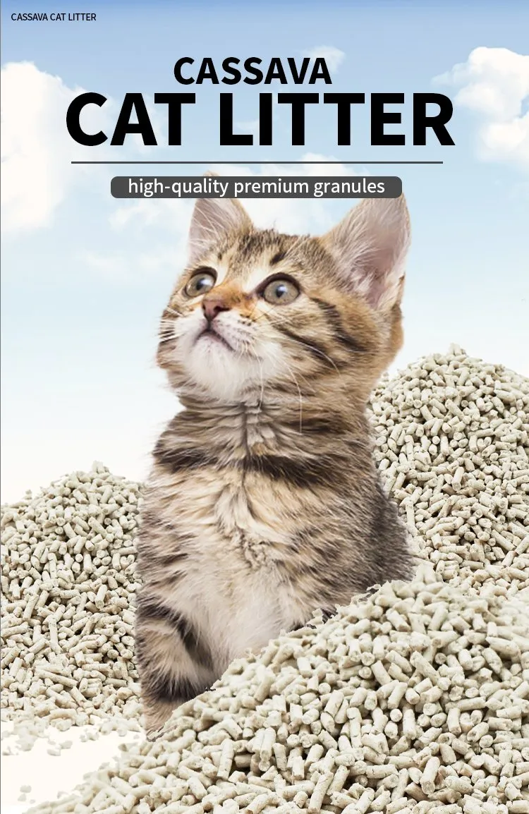 Areia para gatos personalizada de fábrica, excelente absorção, flushable, feita de mandioca com efeito de aglomeração, feita de plantas naturais