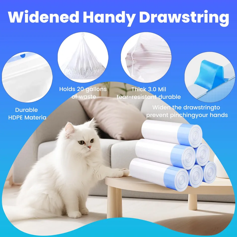 Sacos de Lixo Personalizados Duráveis para Gatos e Cães, Forros para Resíduos de Animais de Estimação com Cordões Ajustáveis