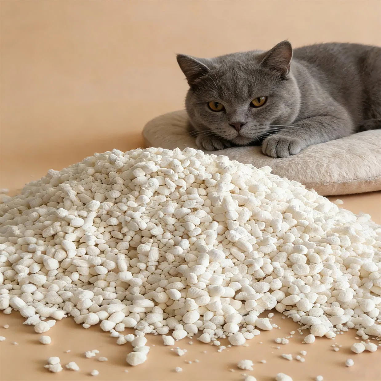 Areia para gatos de alta qualidade que forma grumos, feita de ingredientes naturais