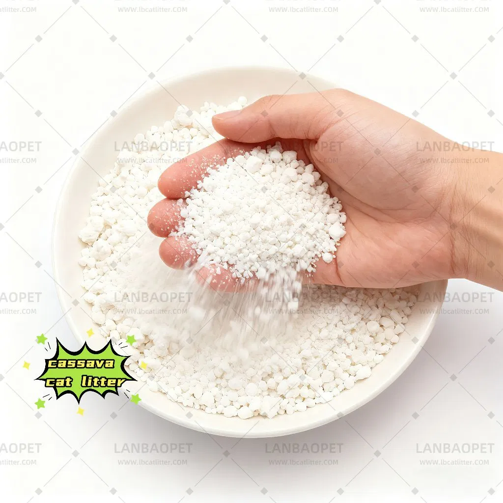 Produtos para Animais de Estimação Fábrica de Areia para Gatos Fornecimento Direto 0.5-3.5mm Fundo Antiaderente Sem Poeira Melhor Agregador Auto Limpeza Natural de Planta Mandioca Areia para Gato com Desodorante
