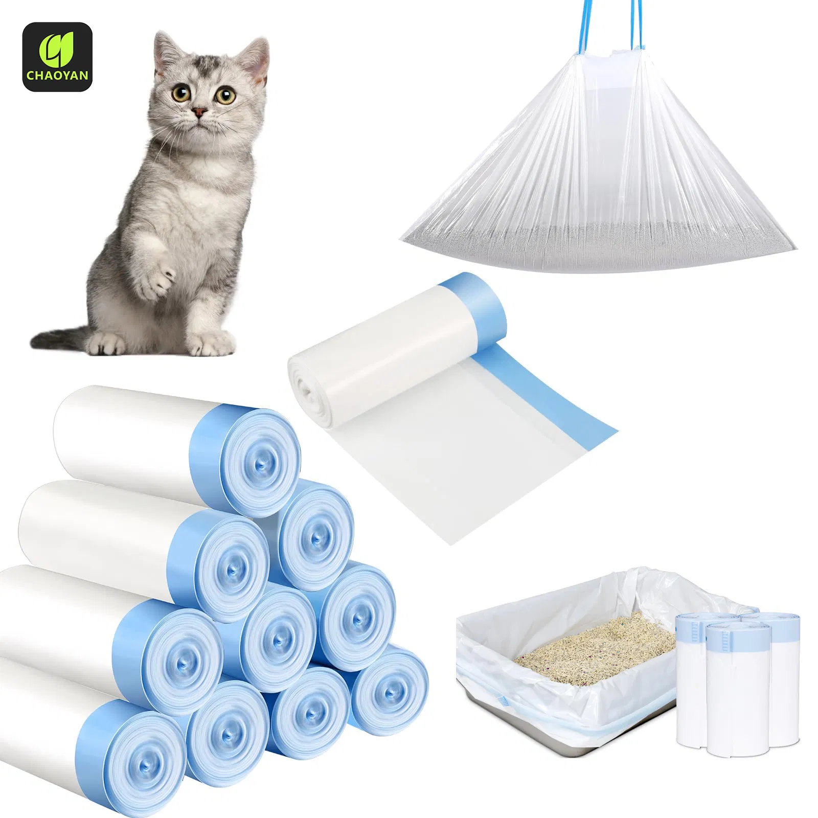 Forro de Plástico Personalizado para Areia de Gato Impresso PE HDPE LDPE Polietileno Ecológico Biodegradável com Cordão Grande de Capacidade Extra Plástico com Alça Saco de Cocô para Animais de Estimação