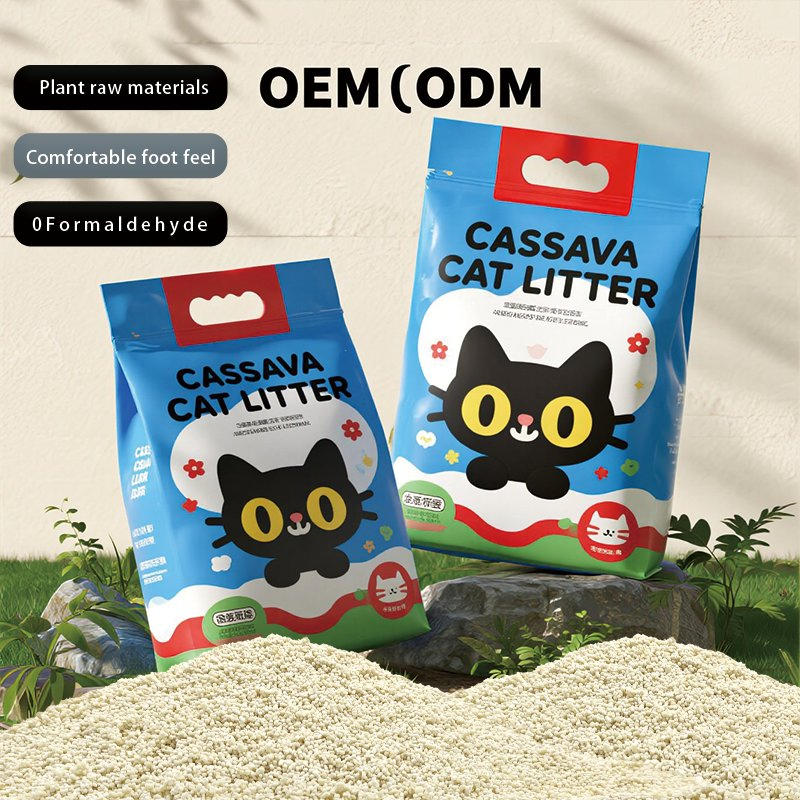 Kit de Areia para Gato de Cassava OEM/ODM, Areia para Gato Natural à Base de Planta, Material de Cassava, Agregação Fresca, Base Antiadesiva, Controle de Odor e Antibacteriano