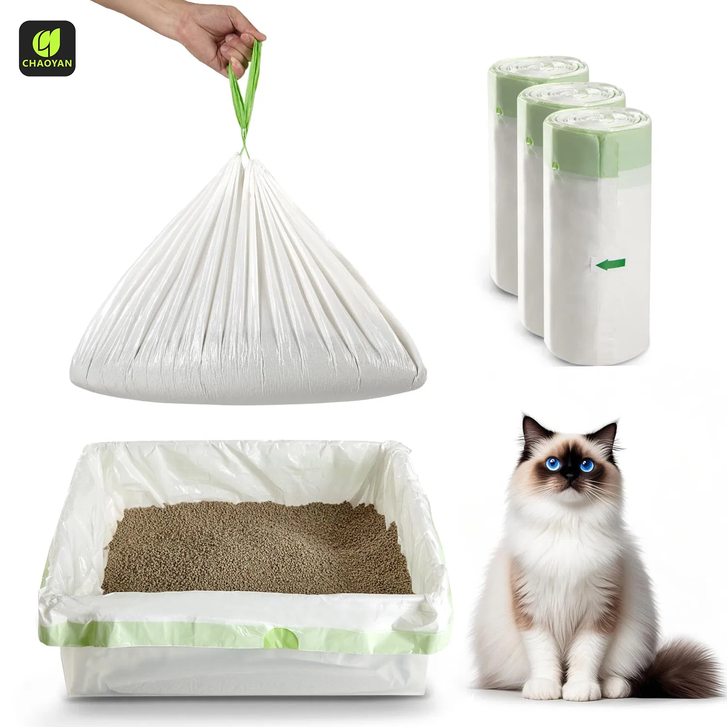 Fornecimento por atacado de forros de caixa de areia para gatos super grossos, sacos com cordão para resíduos de animais de estimação, compatíveis com robôs automáticos de limpeza, substituição de resíduos, resistente e de alta durabilidade