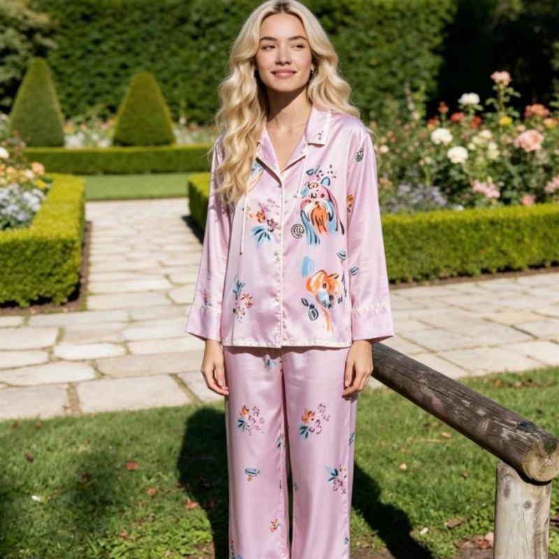 Conjunto de pijamas de seda estampada a la moda, pijamas de manga larga para mujer