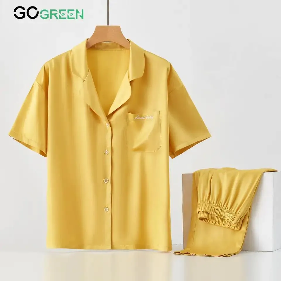 Pijamas de lyocell al por mayor 100% Con fibra orgánica conjunto de pijamas para damas de manga corta ropa de casa 2 piezas de ropa de descanso