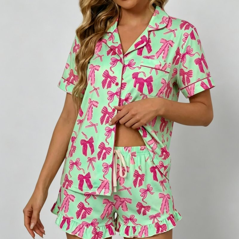 Nuevo conjunto de pijama de dibujos animados con cuello y mangas cortas para mujeres, ideal para primavera y otoño