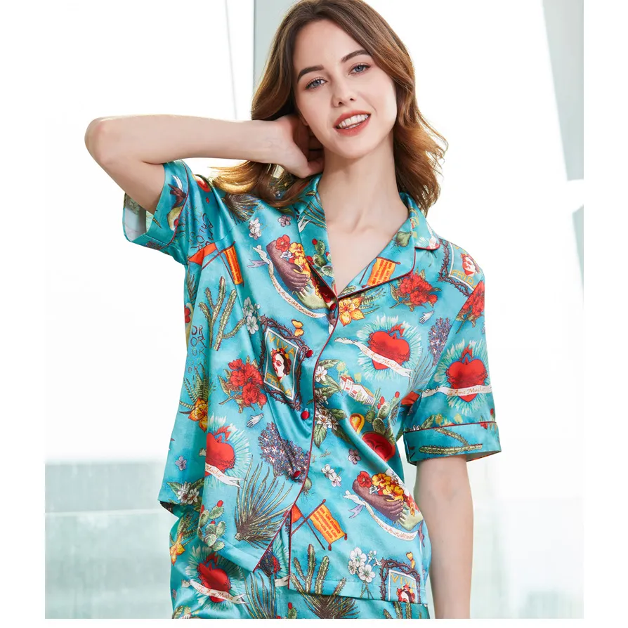 Pijama de Seda Mulberry Impresa 100% para Mujeres