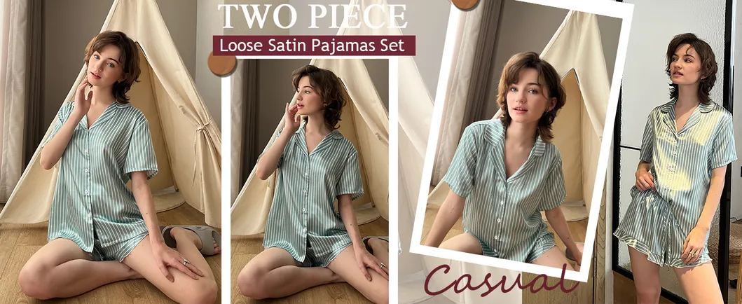 Conjunto de Pijamas de Satén para Mujeres con Botones 2 Piezas de Seda Pjs Cortos con Volantes