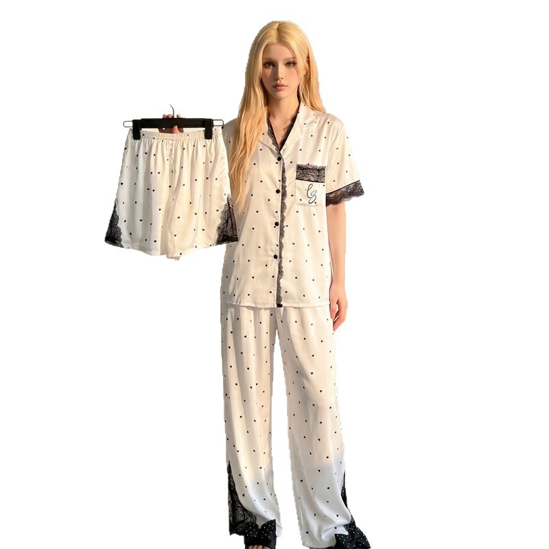 Conjunto de pijama de lujo delgado de verano con lunares de encaje de seda helada 3PCS de manga corta y pantalones cortos para mujeres