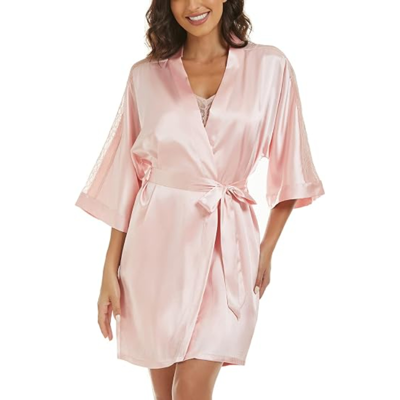 Conjuntos de Pijamas de Seda para Mujeres Bata de Satén con Camisón 2 Pieza de Ropa de Dormir Sexy Camiseta de Encaje