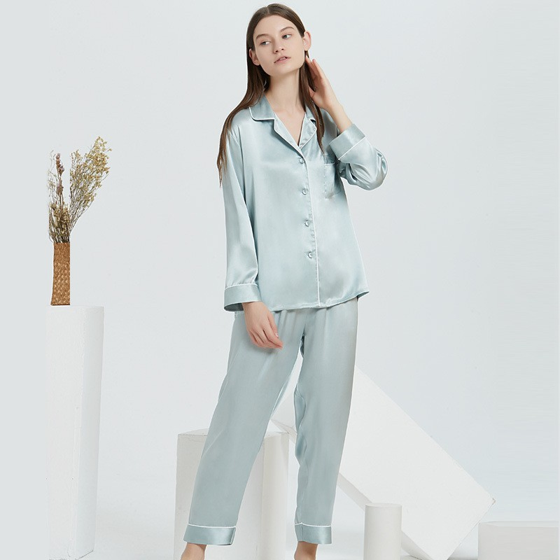 Pijamas de Seda para Mujeres Con Manga Larga Conjunto de Pijamas de Satén Conjuntos de Pj 2 Pieza Botón Abajo Ropa de Casa Ropa de Dormir