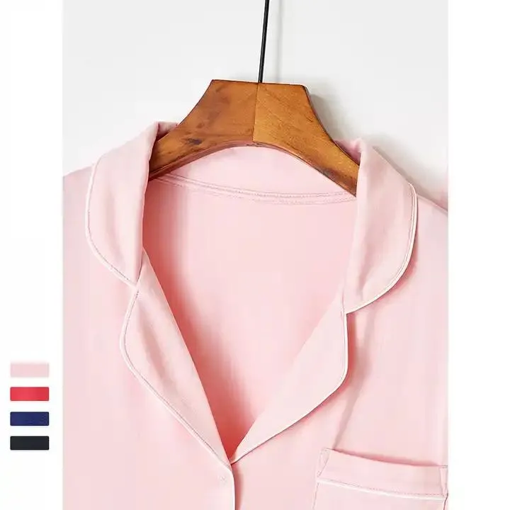 Conjunto de pijama de mujer de modal de bambú, color sólido, de manga larga, con cuello, suelto y casual