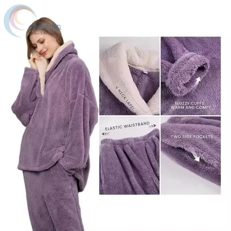 Conjunto de pijama de mujer de algodón de terciopelo grueso y cómodo para invierno