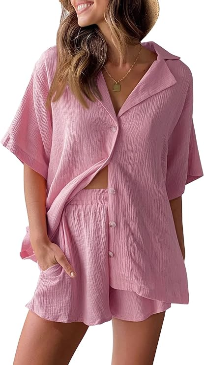 Conjunto de Pijamas de Muselina para Mujeres, Camiseta y Pantalones Cortos, Ropa de Casa Casual, Ajuste Suelto, Algodón Sólido 2 piezas