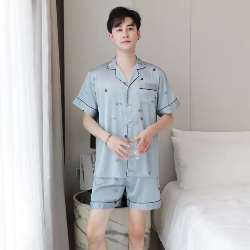 Conjunto de pijama de seda para hombre de manga larga y pantalones largos, estilo hogareño, de alta calidad, primavera y otoño, nueva moda, ropa Hong, de seda helada, cómoda y transpirable