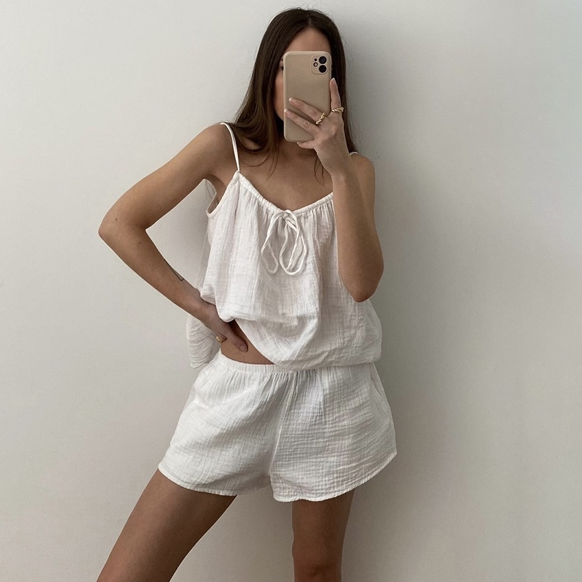 Conjunto de pijama de algodón crepe suave y transpirable, cómodo para el hogar, verano de chicas suaves