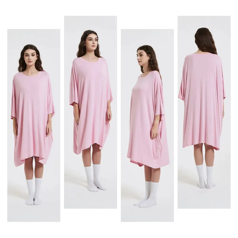 Pijama de bambú personalizado, camiseta de dormir, vestido largo para mujer - Negro