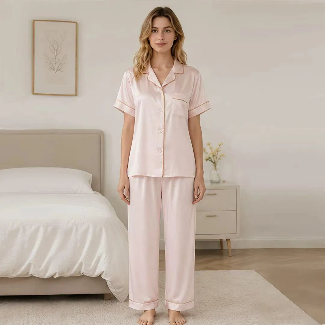 Conjunto de pijama de satén para mujeres, blusa de manga corta con solapa, pantalones largos, ropa de dormir de seda con ribete dorado, traje de noche para damas, ropa de casa personalizada en stock