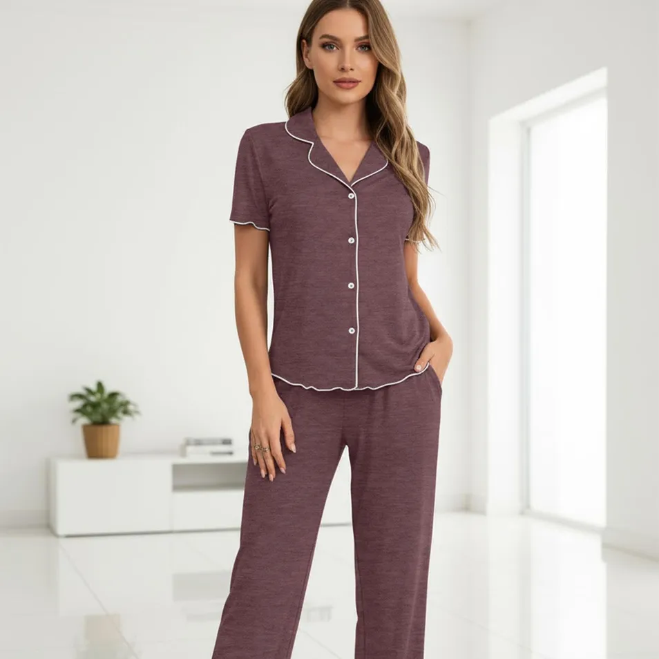 Conjunto de pijama de dos piezas de algodón sólido y cómodo para mujeres con solapa y manga corta, pijama de verano personalizado OEM