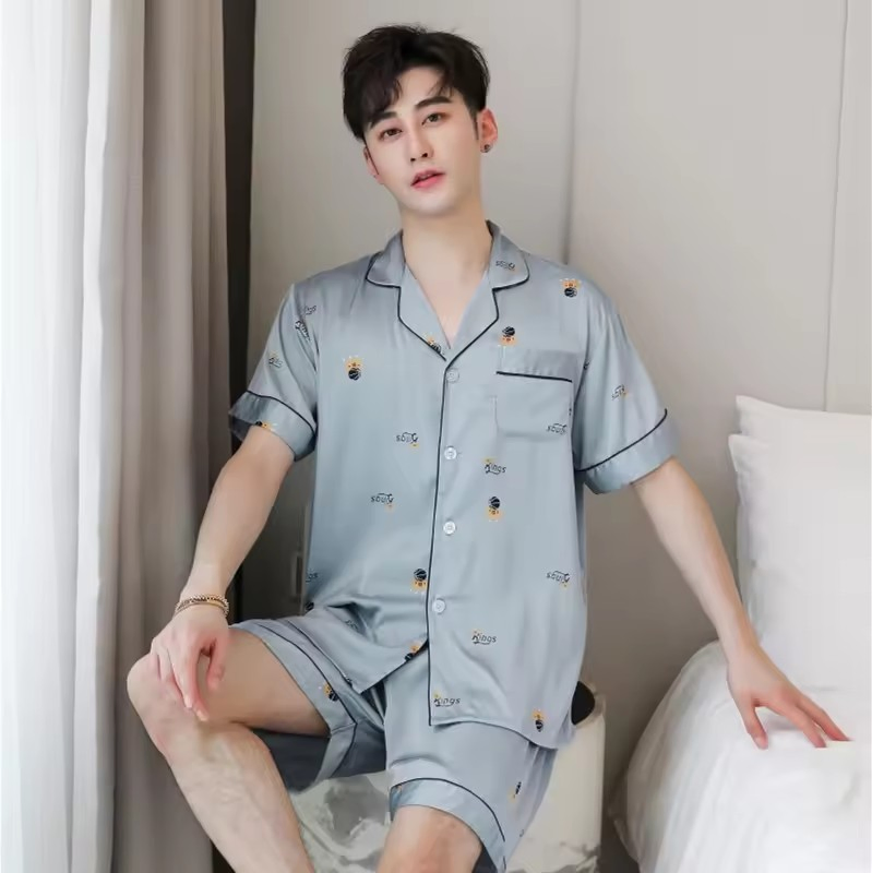 Conjunto de pijama de seda para hombre de manga larga y pantalones largos, estilo hogareño, de alta calidad, primavera y otoño, nueva moda, ropa Hong, de seda helada, cómoda y transpirable