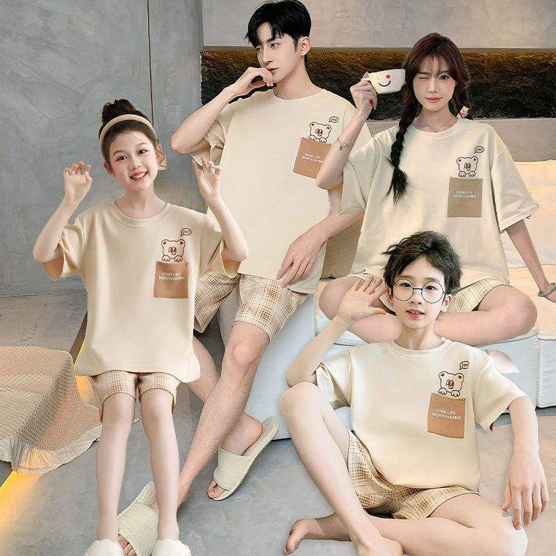 Pijamas a Juego para la Familia al por Mayor: Pijamas Familiares de Verano con Manga Corta y Pantalones Cortos, 100% Ropa de Algodón de Color Sólido Casual para el Hogar