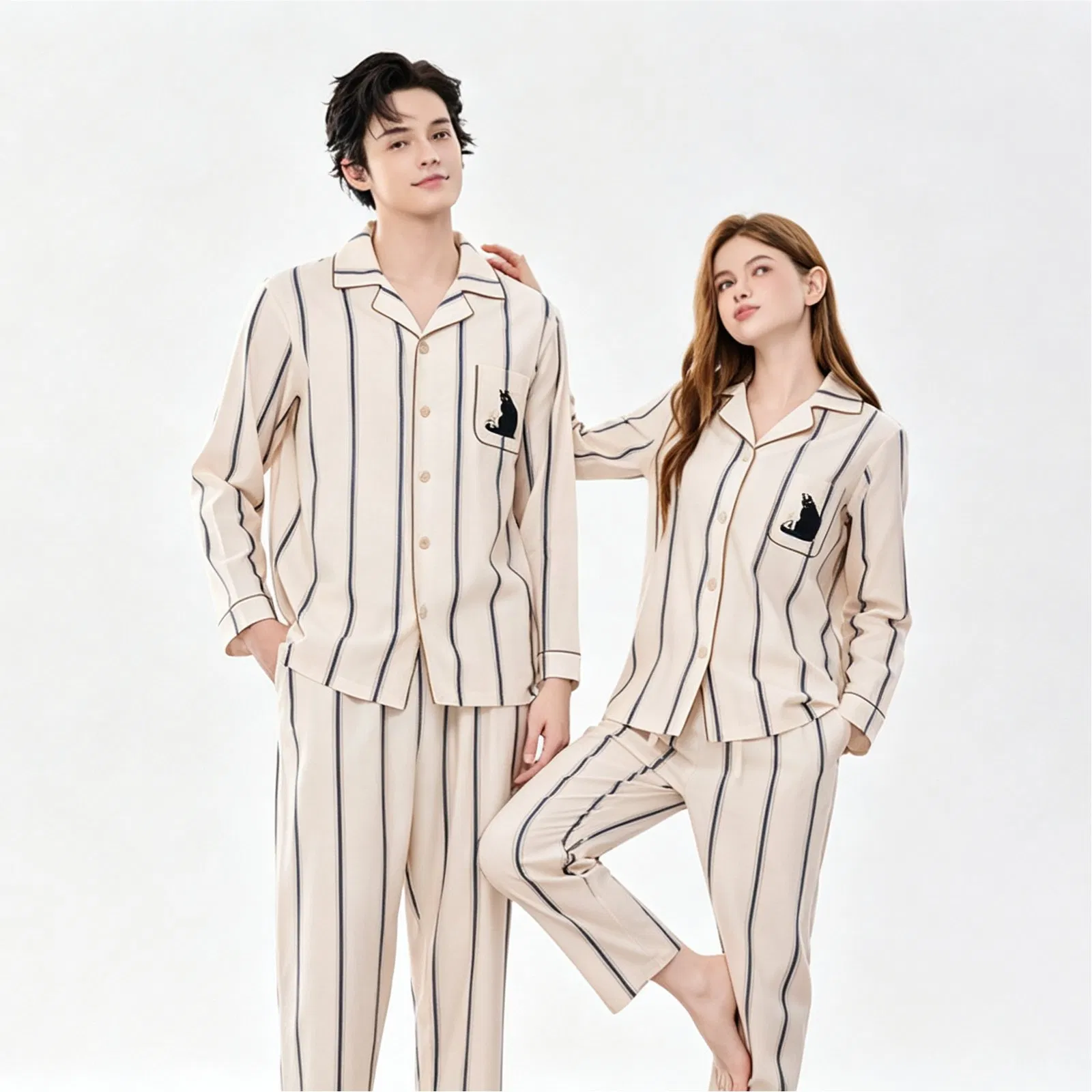 Conjunto de pijama a rayas para pareja de manga larga, ropa de hogar, traje de dos piezas