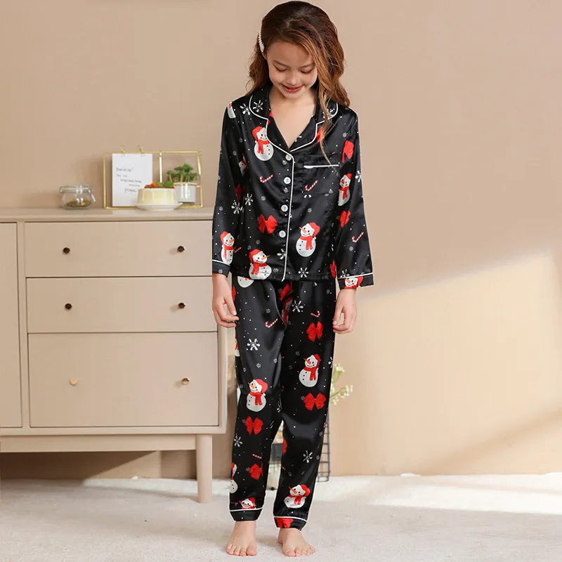 Conjunto de pijamas de satén para mujer, pijamas navideños de seda suave y lavable, ropa de ocio personalizada al por mayor para mujeres, otoño occidental