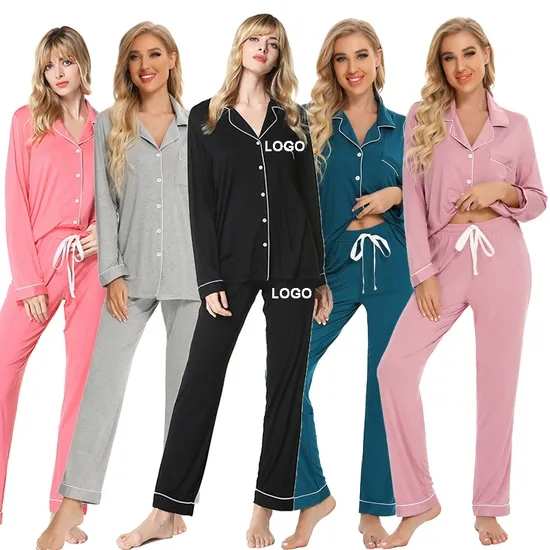 Factory 100% Cotton Luxury Pyjamas Family Woman 2 Piece Outfit Set Bamboo Long Sleepwear Pjs Pajamas Pijamas Mujer for Women
