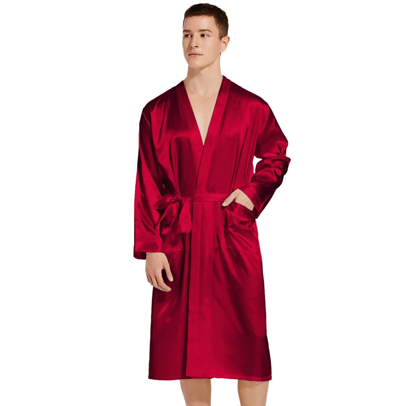 2026 Bata de satén sólida sexy de talla grande, kimono largo, vestido de noche, pijamas para hombres, bata de baño para hombres