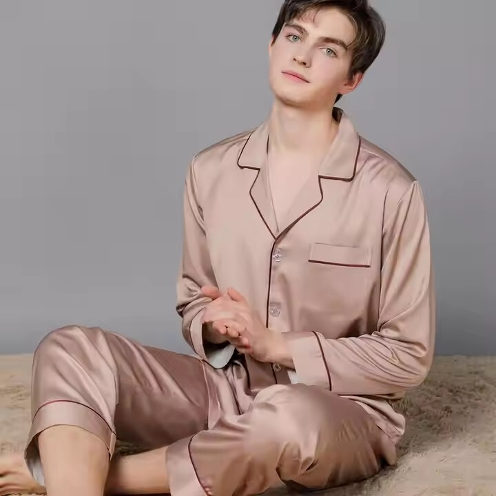 Ropa de dormir de satén liso al por mayor, ropa de casa de talla grande con bolsillos, pijamas de seda para hombres, camisones de dos piezas