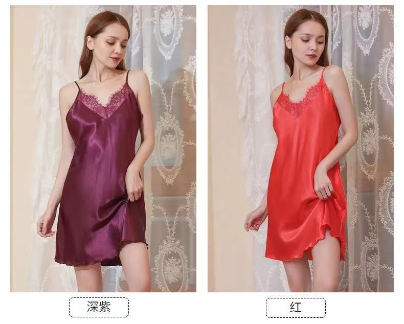 Vestido de dormir sin mangas de seda sintética para mujeres, ropa, pijamas, camisón, pijamas de satén para mujeres