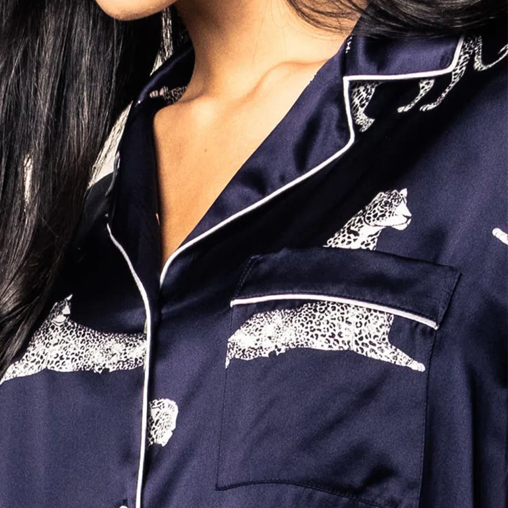 Conjunto de pijama de seda para mujeres con estampado de animales 2 Piezas conjunto de pijama de seda de lujo con estampado geométrico para mujeres