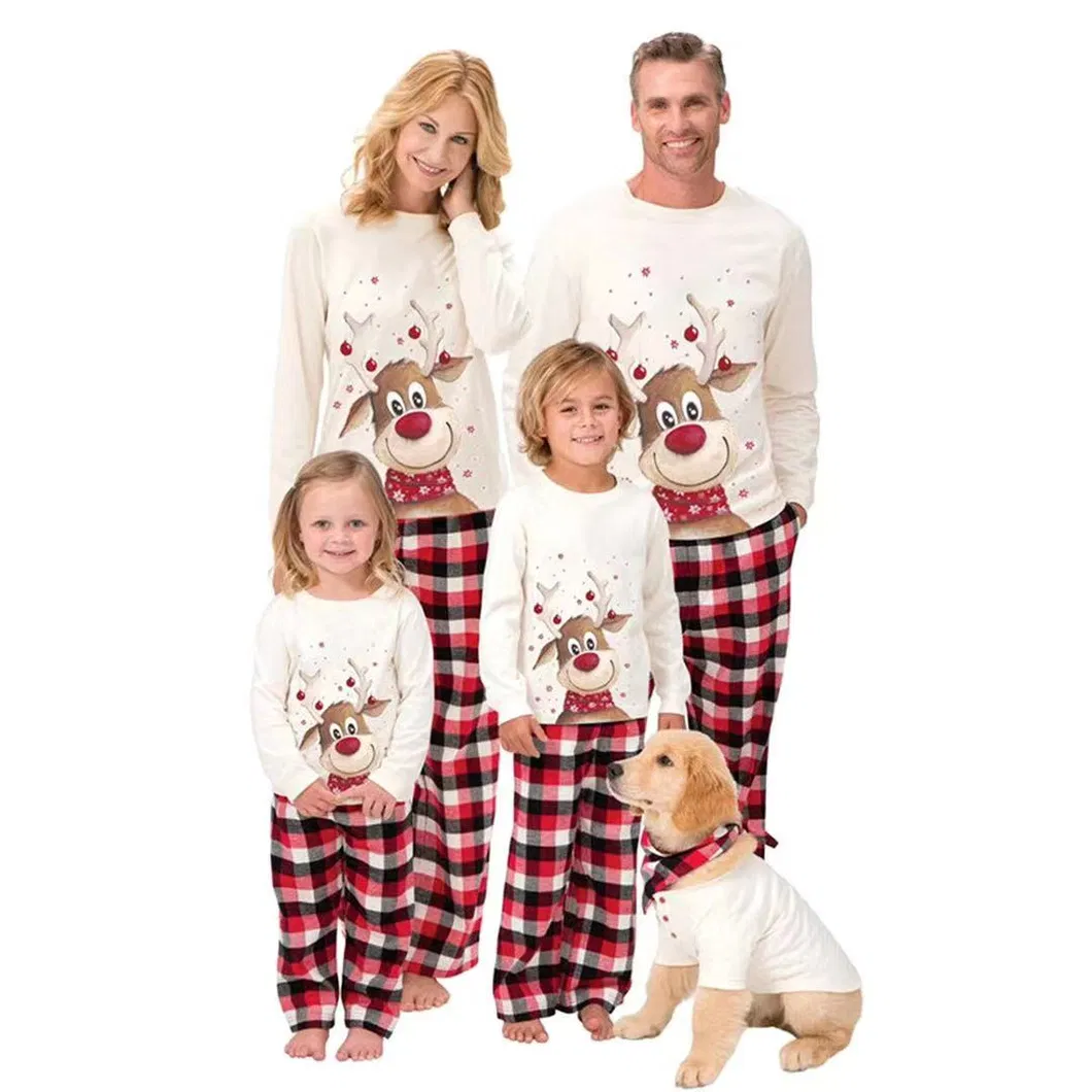 Ropa de hogar familiar para Navidad, ropa de punto, camiseta de manga larga impresa y pantalones, conjuntos de pijama suaves, conjunto de pijamas