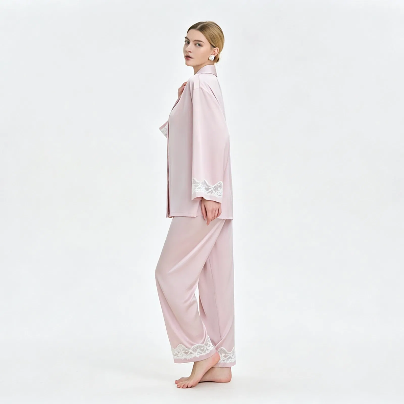 Conjunto de pijama de satén de lujo para mujer, con cuello en V, apto para todas las estaciones, para uso exterior y de descanso