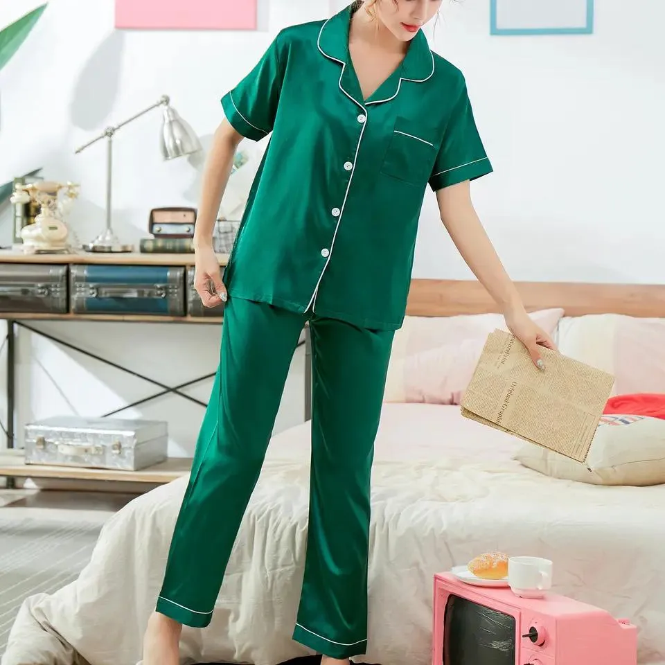 Conjunto de Pijamas de Satén Sólido para Mujeres de Manga Corta con Cuello y Botones 2 Prenda de Ropa de Casa Suave y Sedosa para Dormir Ropa de Noche Casual