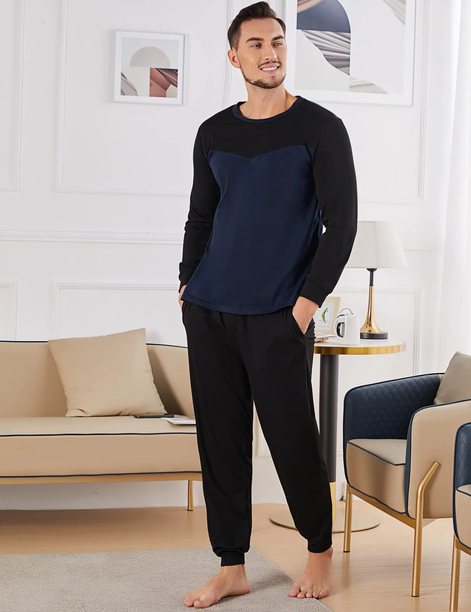 Pijamas de invierno para hombres, conjuntos de algodón cálido, pijamas de manga larga, pijamas de cuello redondo, ropa de dormir suave y cómoda, ropa de casa para hombres, dos piezas para hombres